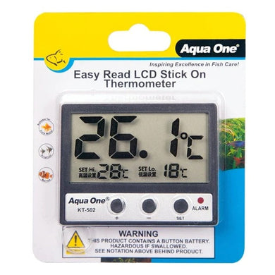 Aqua One Aquarium Tank Thermometer Easy Read LCD Stick On Glass with Temp Alarm